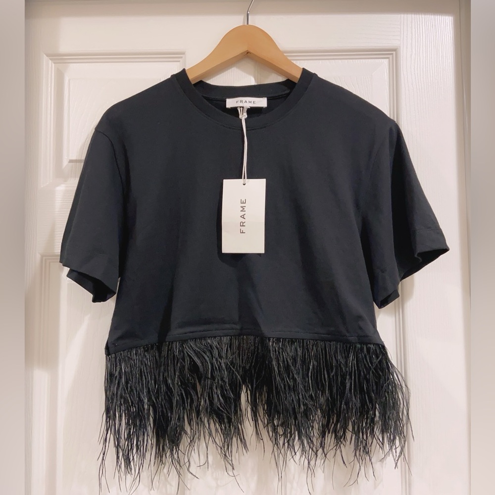 NWT $398 Frame Ostrich Feather Trim Crop T-Shirt In Noir - Picture 4 of 6